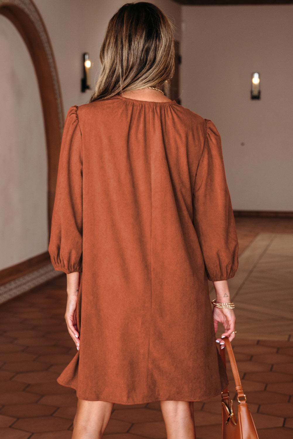 Corduroy Mini Dress Scallop Detail Split Neck Bracelet Sleeve Moss Green Cinnamon S-XL