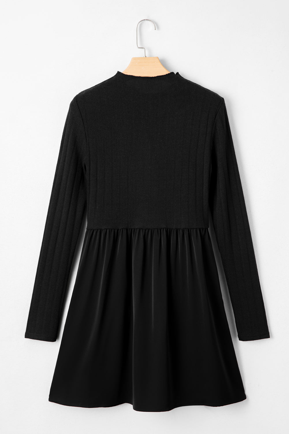 Black & Burgundy Frilled Neck Ribbed Knit Long Sleeve Mini Dress S-XL