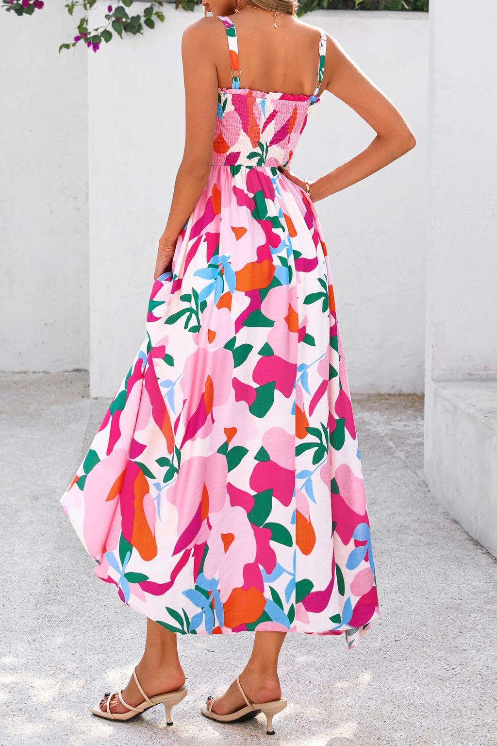 Women's Pink Floral Smocked High Waist Midi Sundress | Sizes S-XL at LivelyLooks