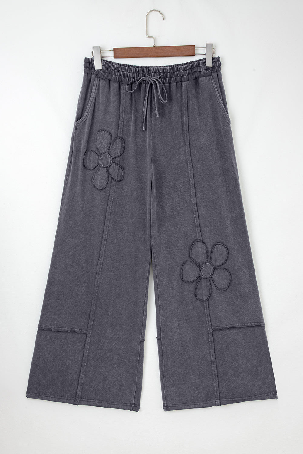 Shop Flower Patch Mineral Washed Terry Knit Cropped Wide Leg Trousers S-2XL at LivelyLooks