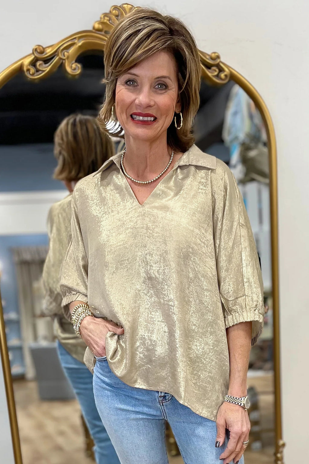 Women's Aqua Metallic Shimmer Collared V Neck Half Sleeve Top at LivelyLooks