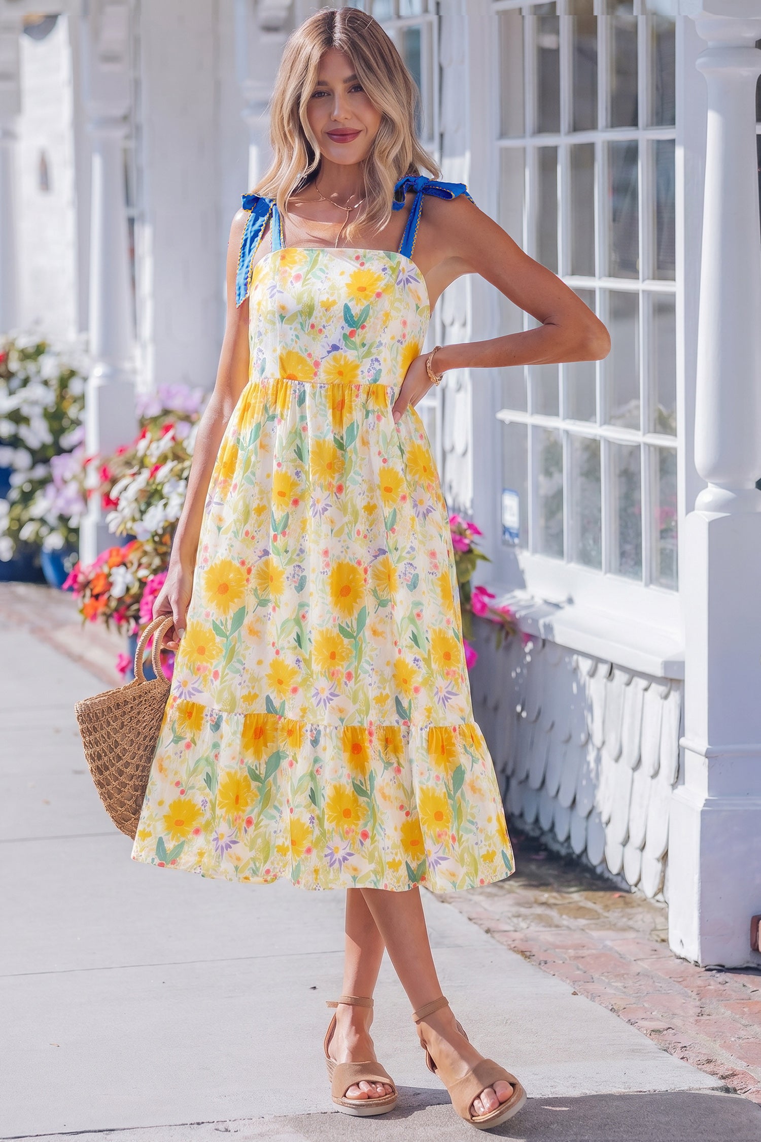LivelyLooks Yellow Floral Print Contrast Stitched Knot Denim Straps High Waist Dress women's fashion