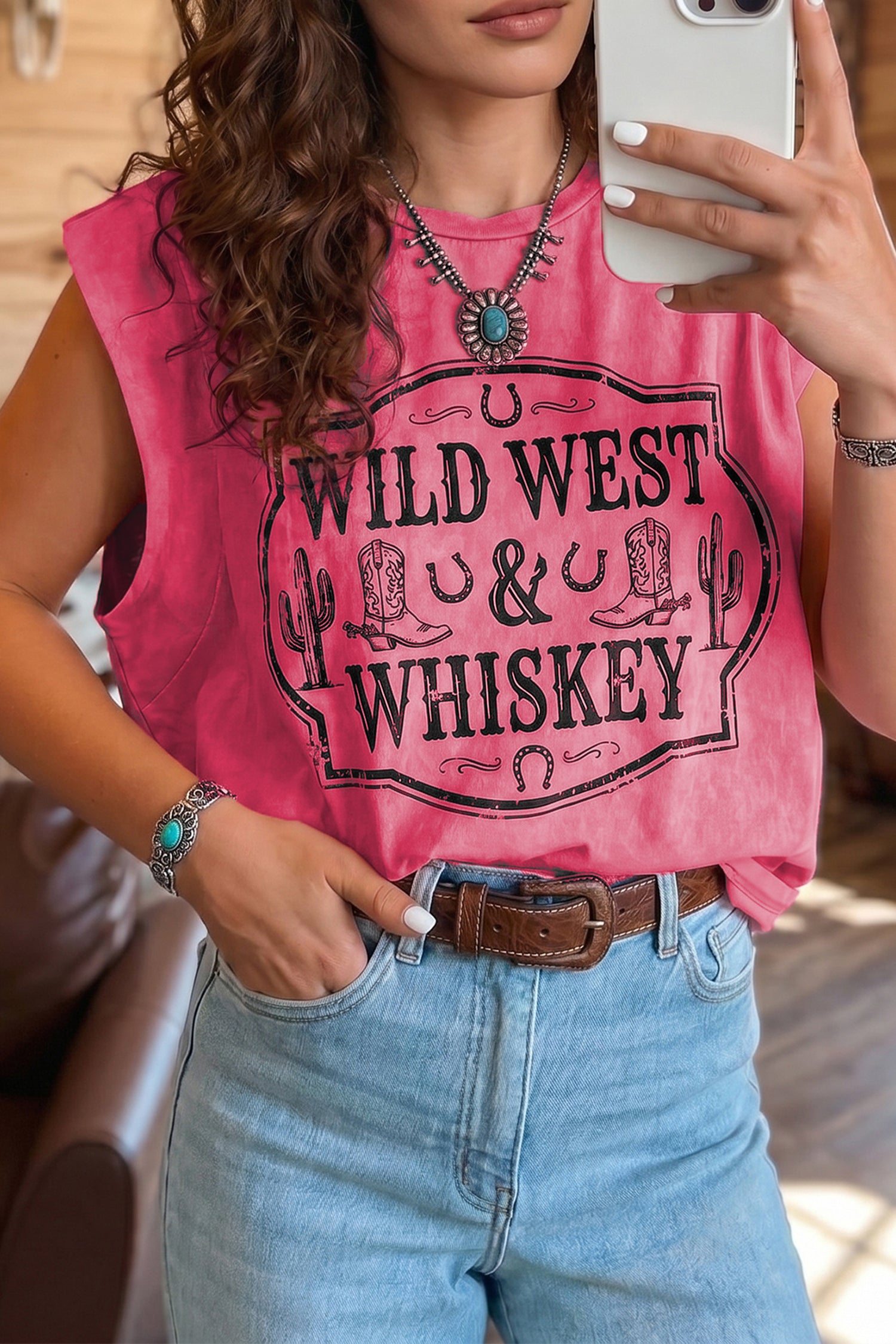 Pink Wild West Whiskey Print Sleeveless Muscle Top | UK 8–22