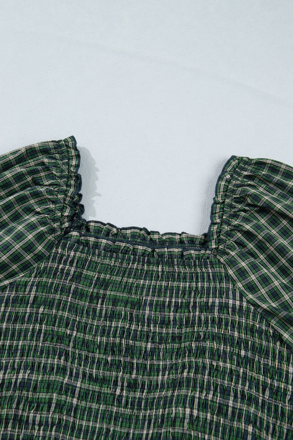 Green Plaid Square Neck Shirred Ruffle Hem Mini Dress S-XL