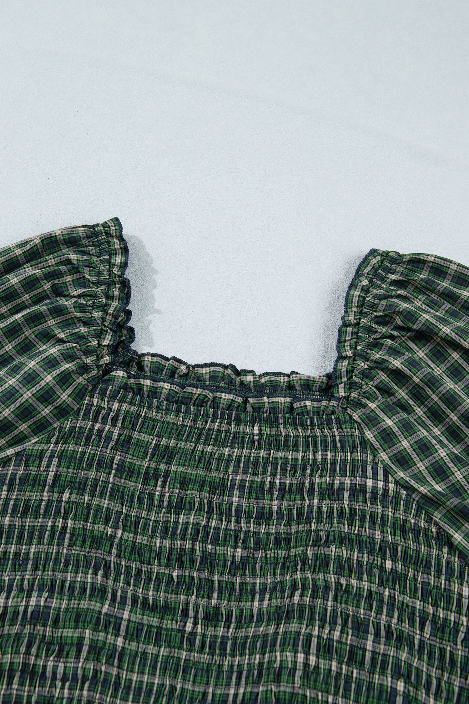 Green Plaid Square Neck Shirred Ruffle Hem Mini Dress S-XL