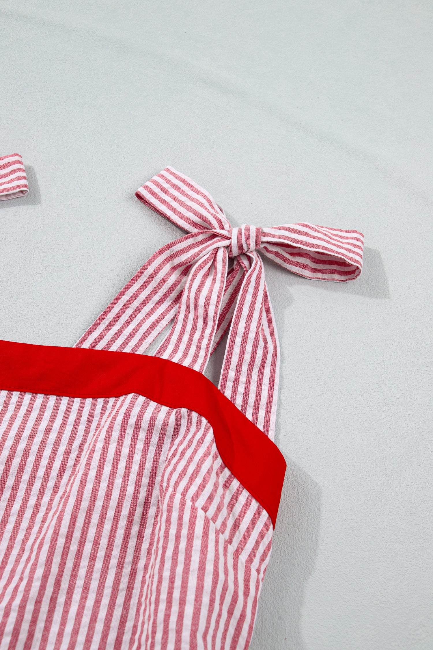 Women's Red Stripe Bow Knot Straps Contrast Trim High Waist Ruffle Maxi Dress at LivelyLooks