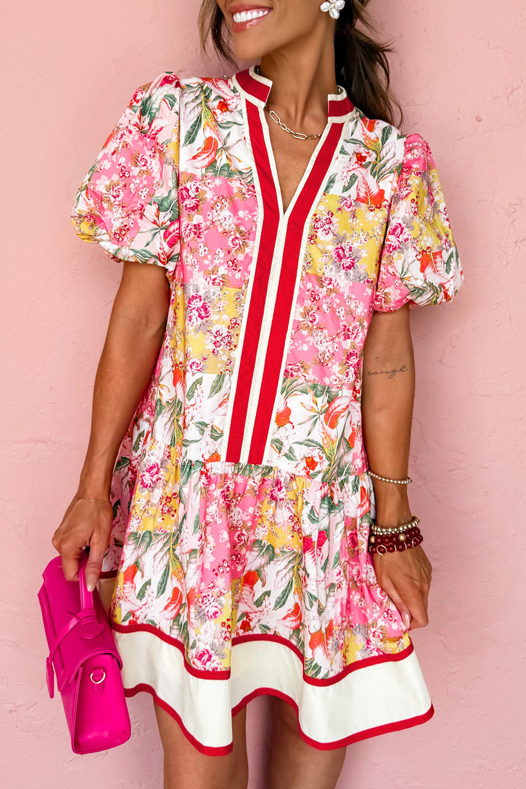 Pink Colour Block Floral Contrast Trim V Neck Ruffle Hem Mini Dress S-XL