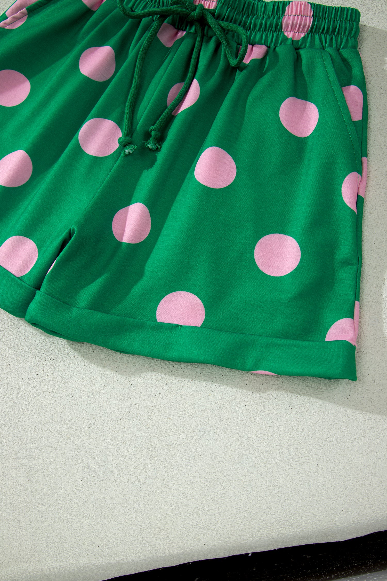 Polka Dot V-Neck Tee & Shorts Co-ord Set | Green, Pink & Beige S-XL