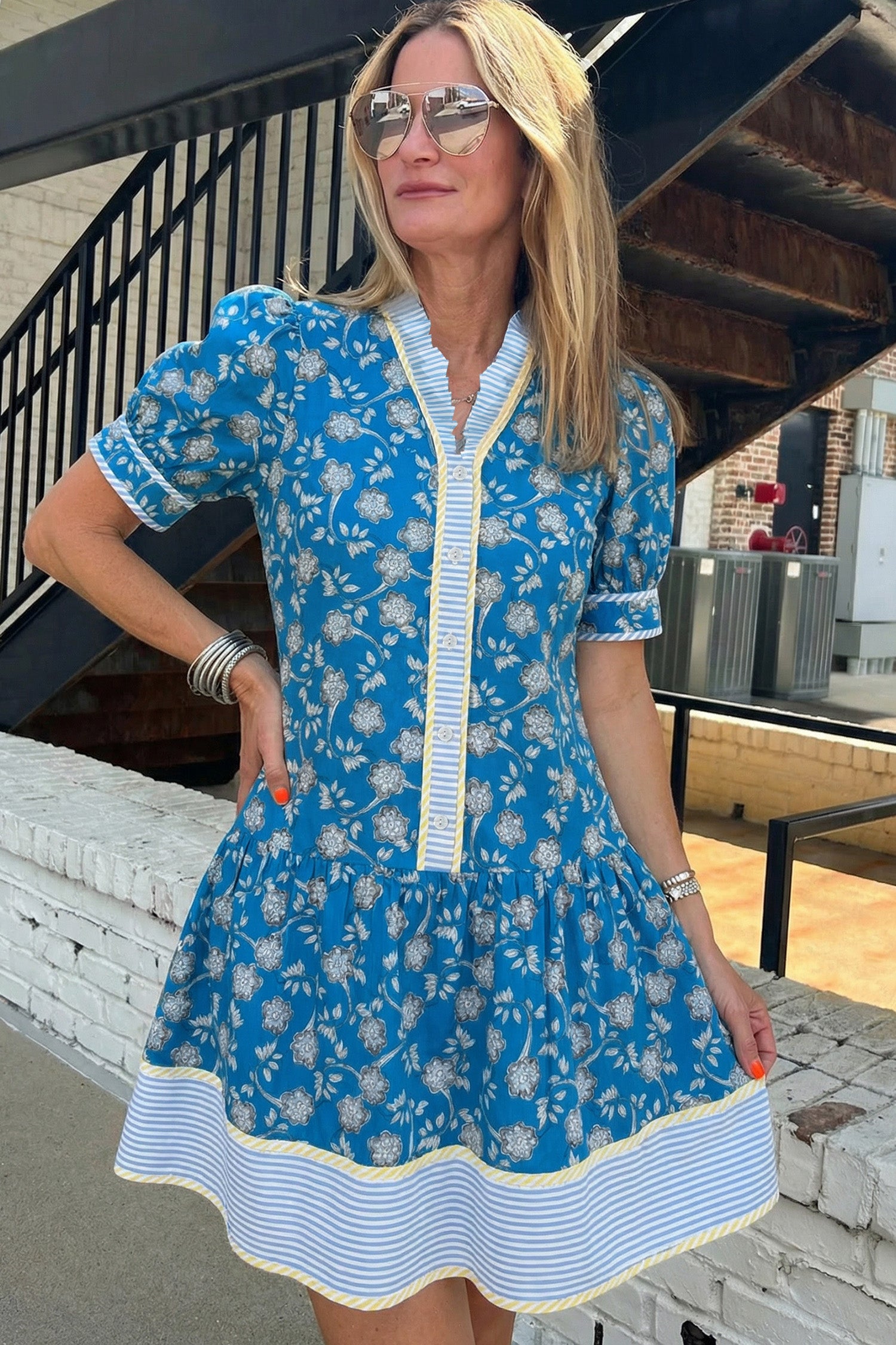 Blue Striped Trim Half Button Short Sleeve Floral Mini Dress S-XL