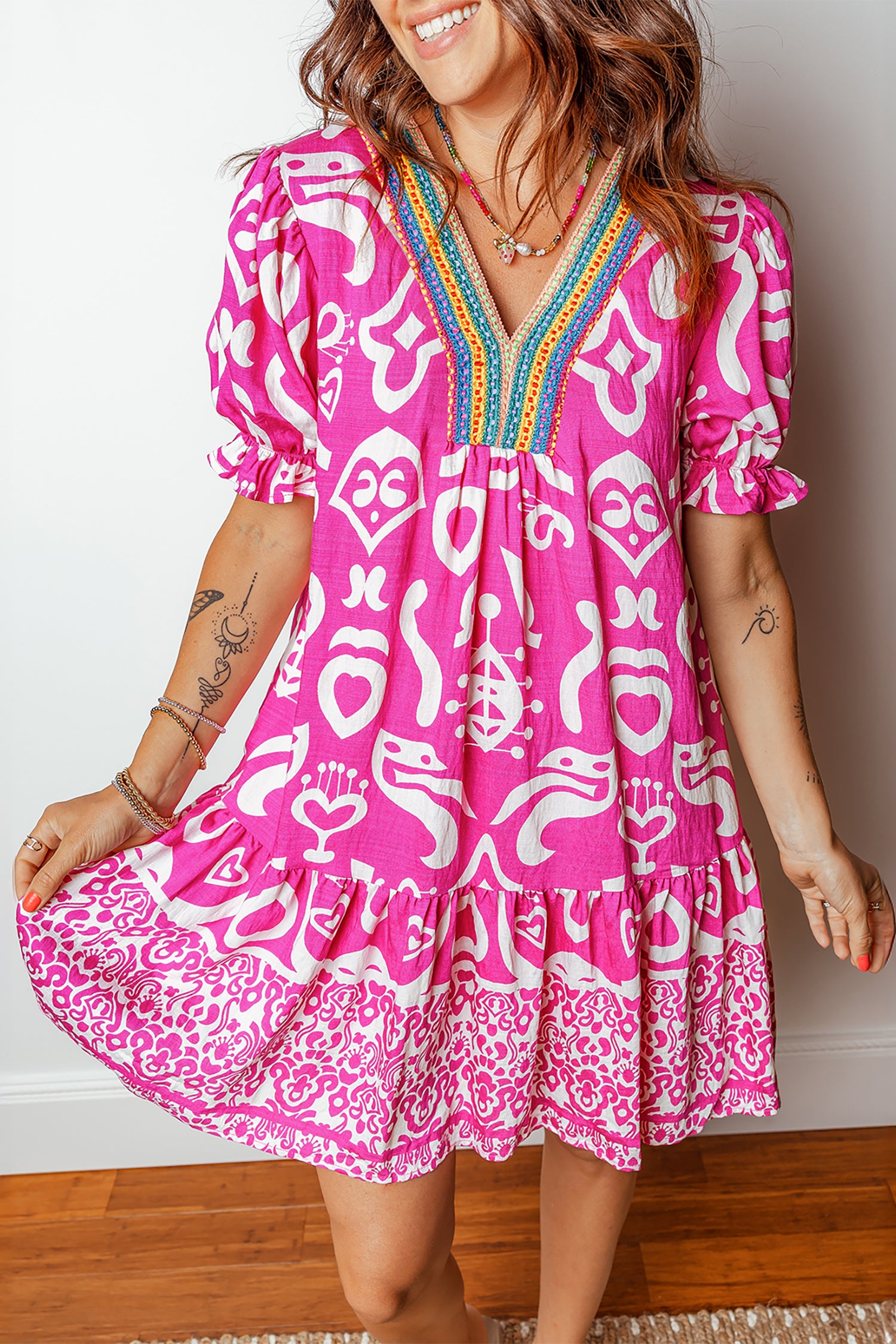 Rose Boho Mixed Print Flared Dress Contrast Trim V Neck Short Sleeve Women S-XL