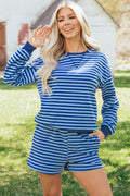 Blue Stripe Drop Shoulder Pullover & Elastic Waist Shorts Set