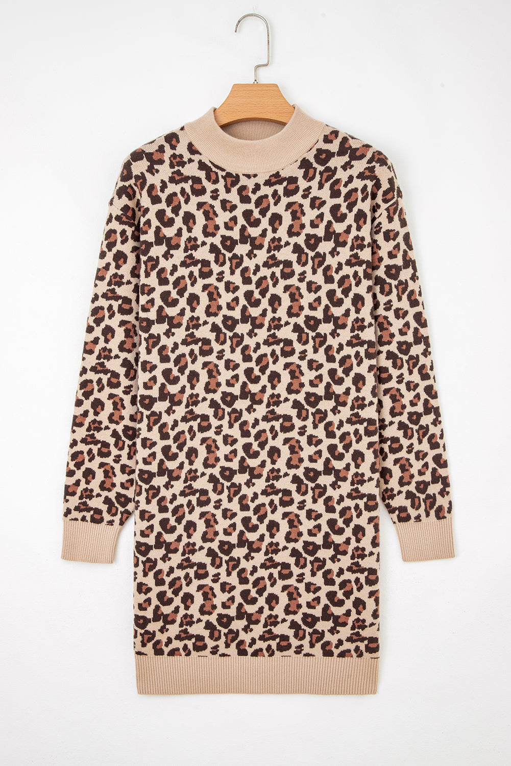 Women's Khaki Leopard Print High Neck Shift Mini Sweater Dress at LivelyLooks