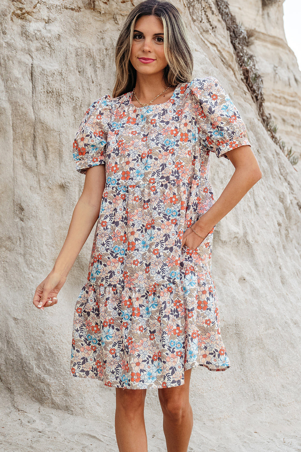 LivelyLooks Beige Boho Floral Puff Sleeve Crew Neck Mini Dress women's fashion