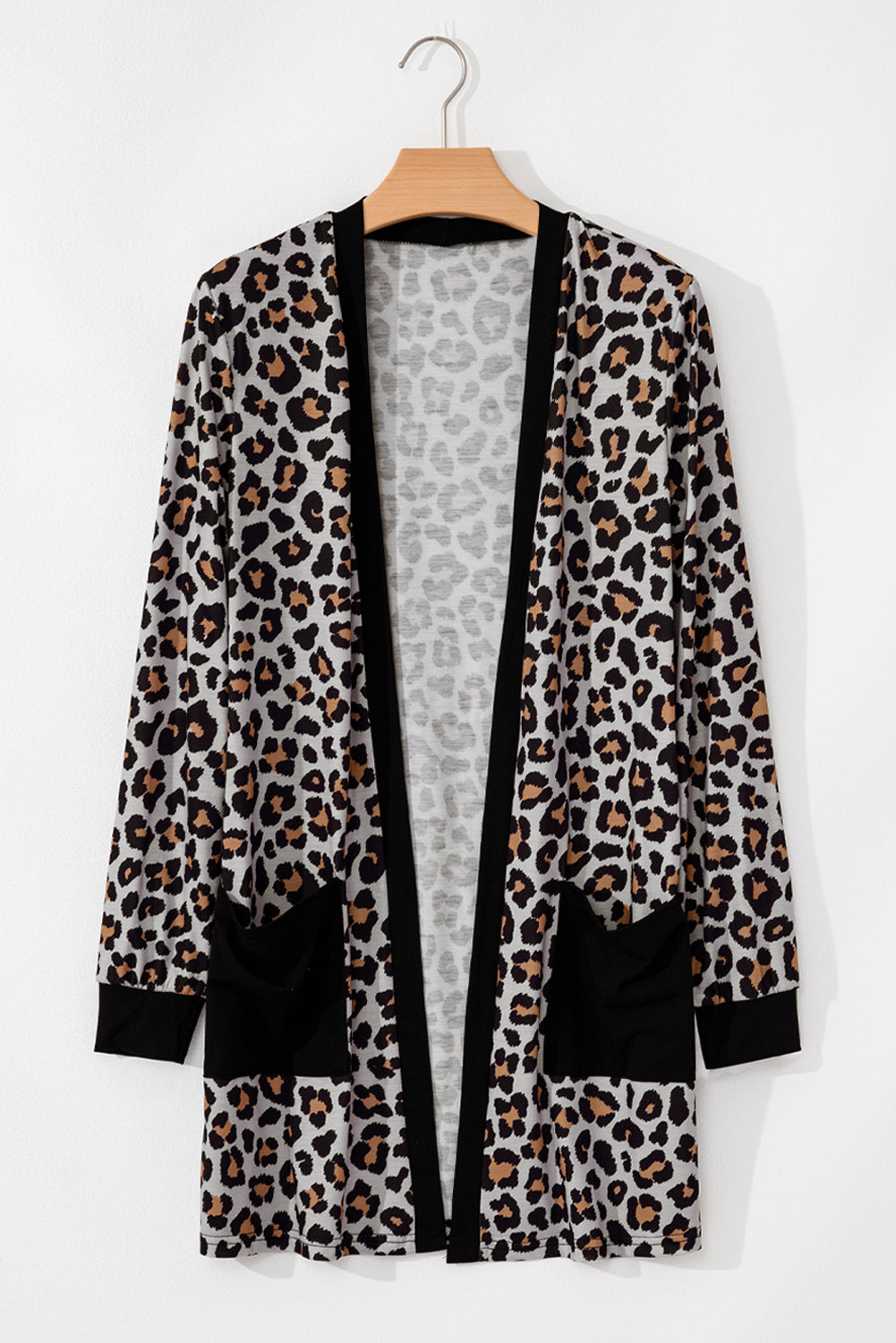 LivelyLooks Black Leopard Patched Pocket Open Front Knit Cardigan S-XL women's fashion