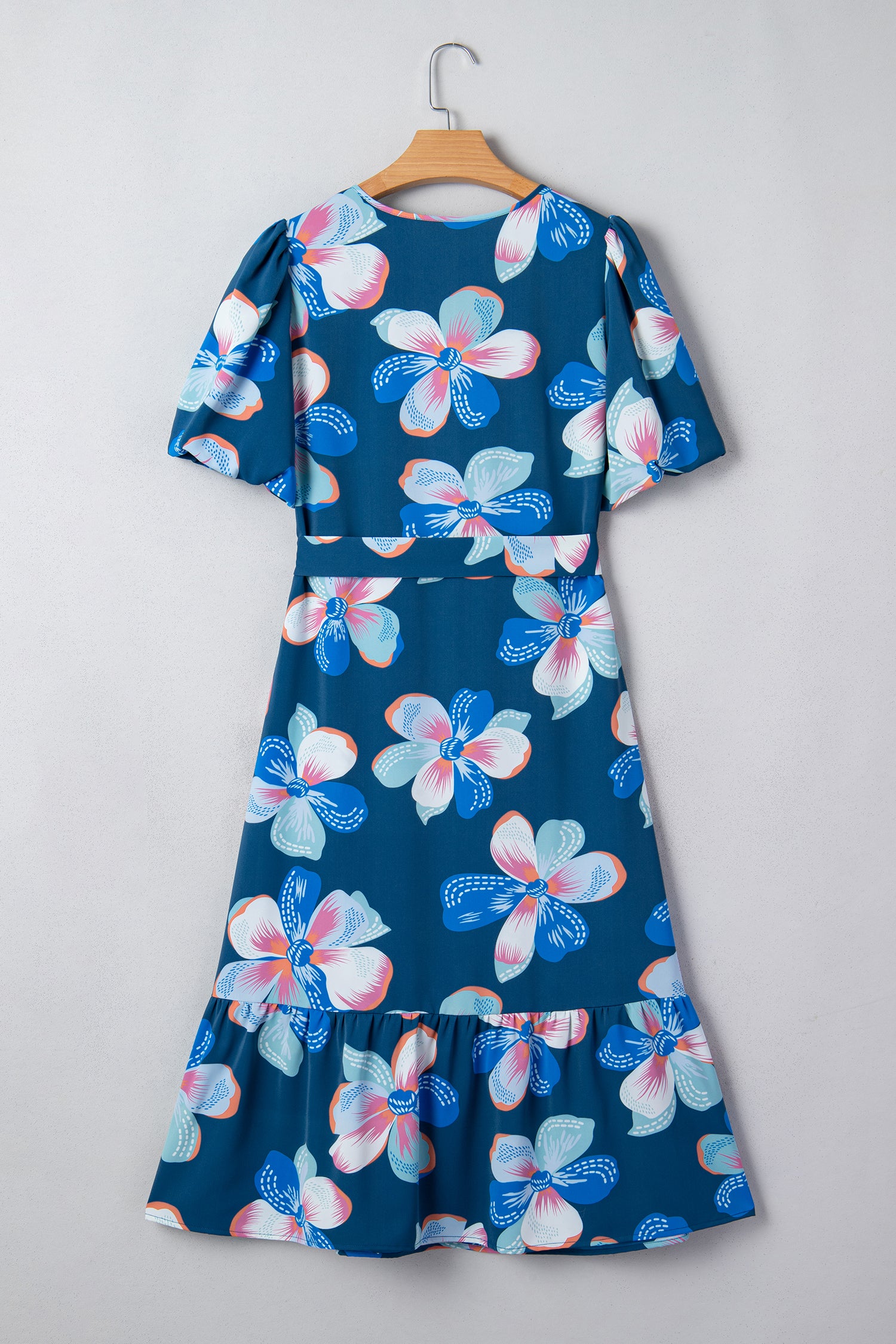 Blue Floral Puff Sleeve Ruffle Hem Belted Long Dress S-XL