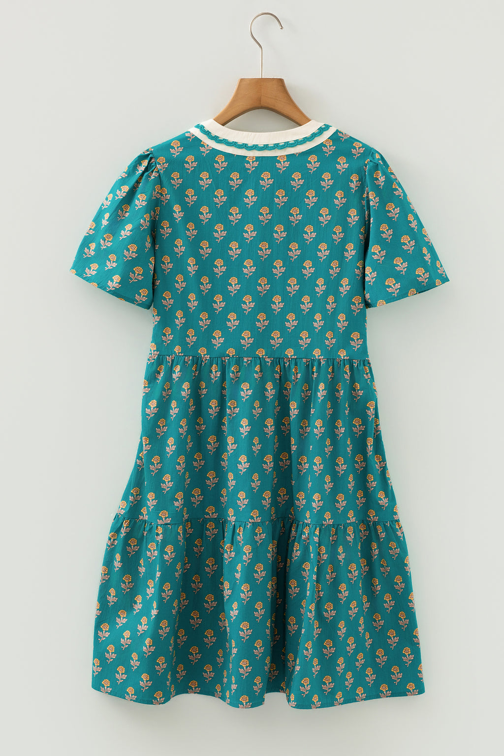 Green Floral Dress Contrast Trim V Neck Short Sleeve Women S-XL