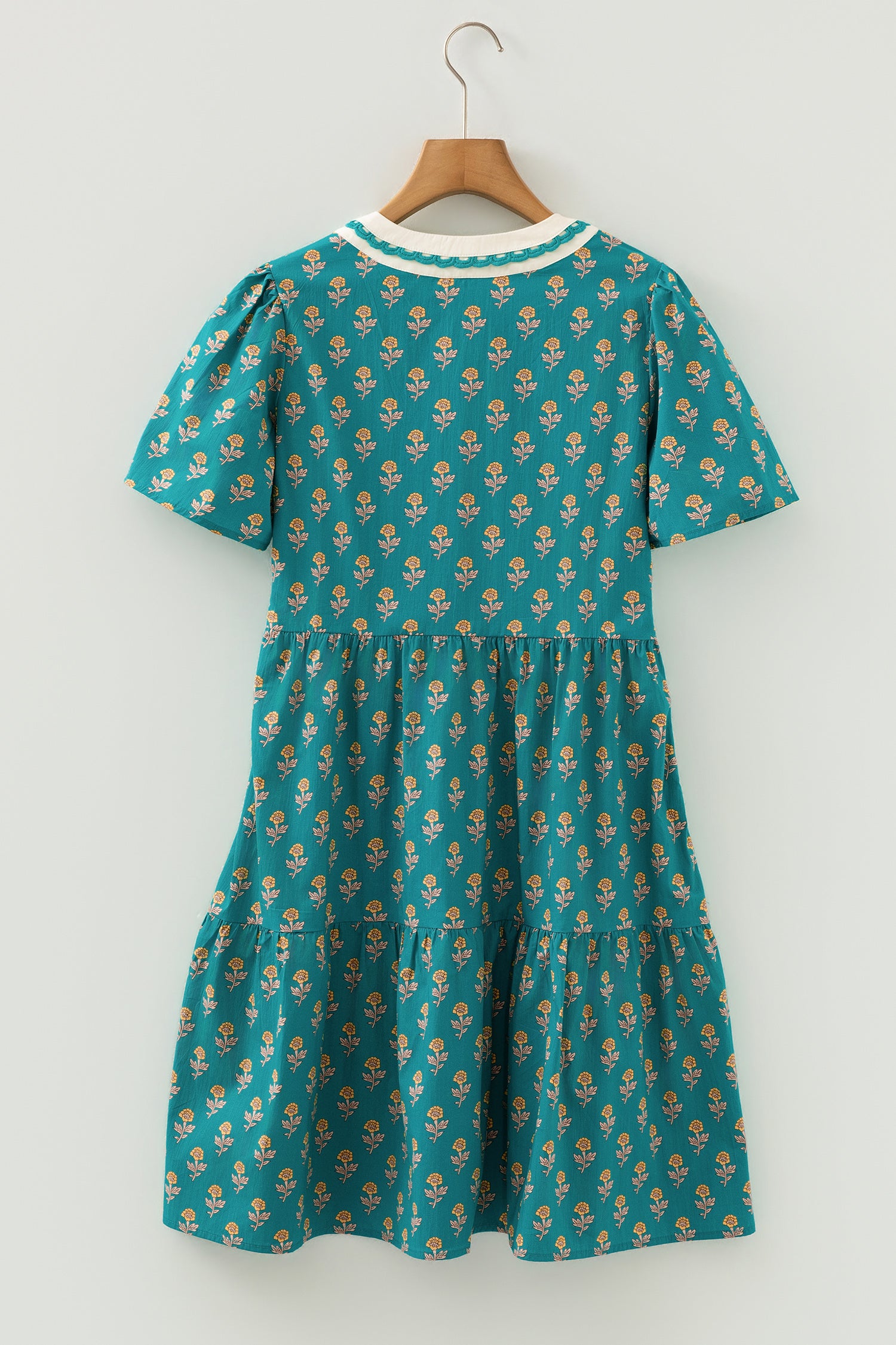 Green Floral Dress Contrast Trim V Neck Short Sleeve Women S-XL