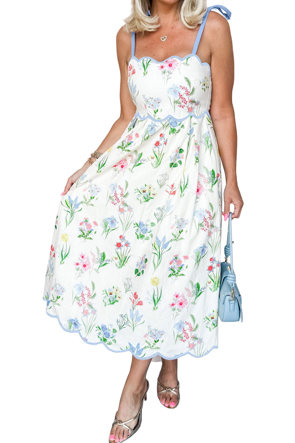 Floral Midi Dress Contrast Trim Self-Tie Straps High Waist Beige Pink Yellow