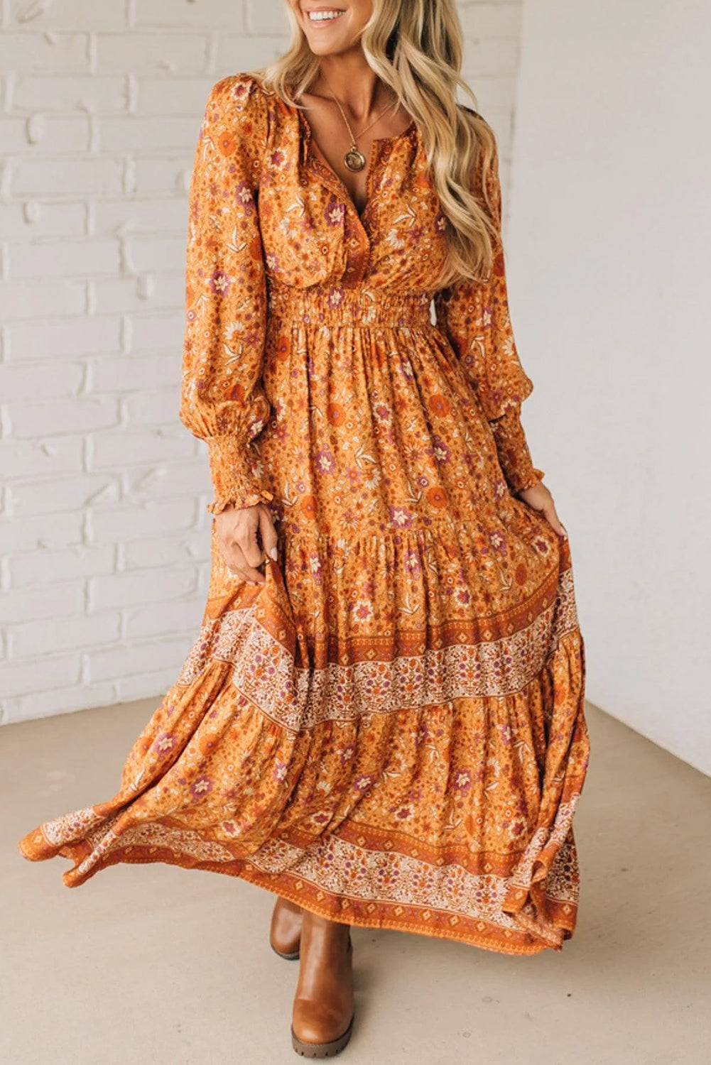 Shop Orange Floral Boho Maxi Dress Smocked Waist Puff Sleeve Tiered S-XL at LivelyLooks