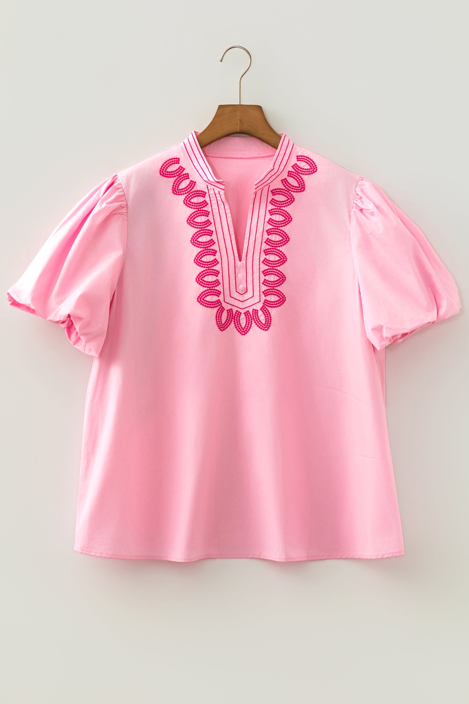 Pink Boho Embroidered Puff Sleeve Cotton Blouse | Sizes 8-22