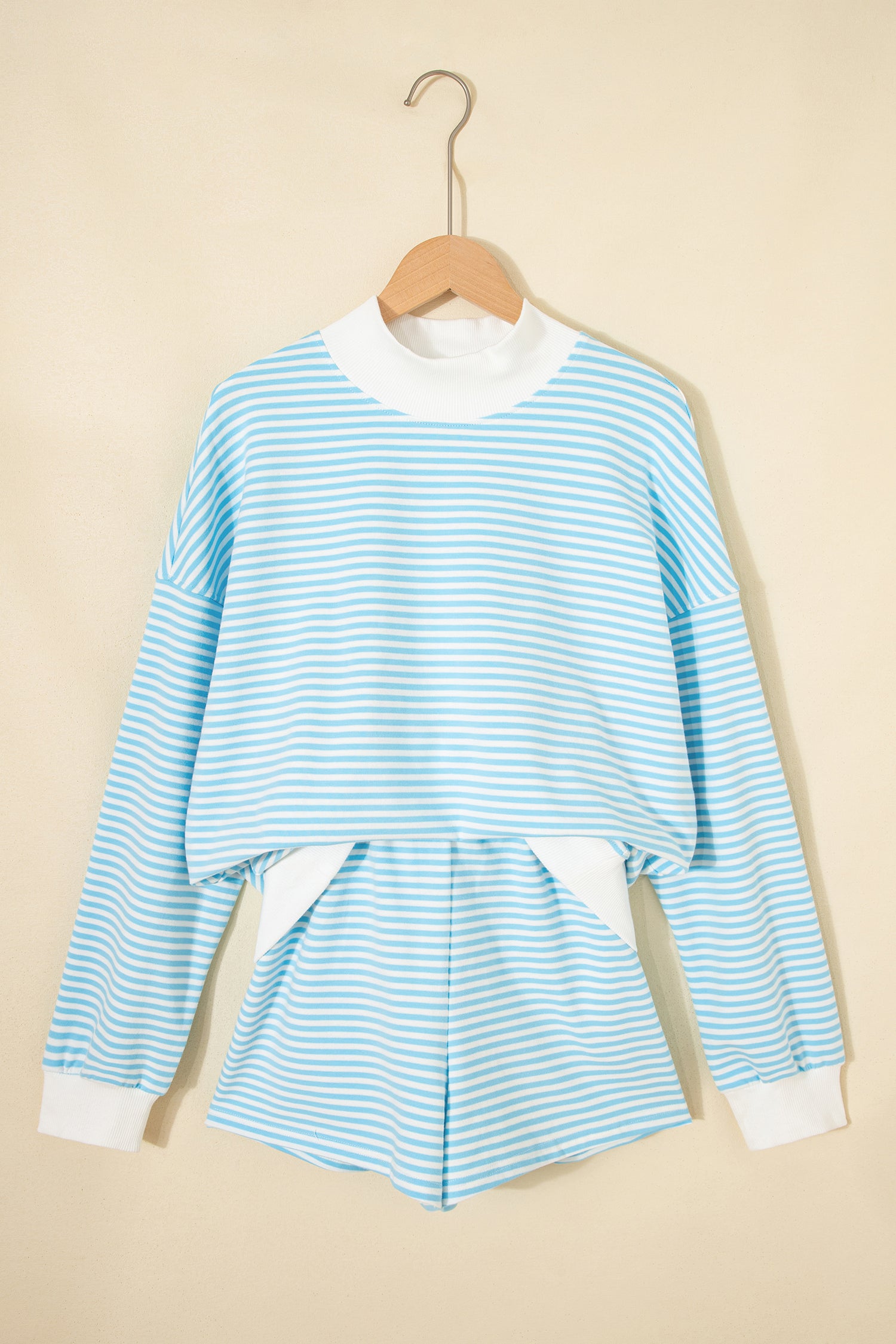 Striped Oversized Mock Neck Sweatshirt & Shorts Co-ord Set | Blue, Pink, Green | S-XL