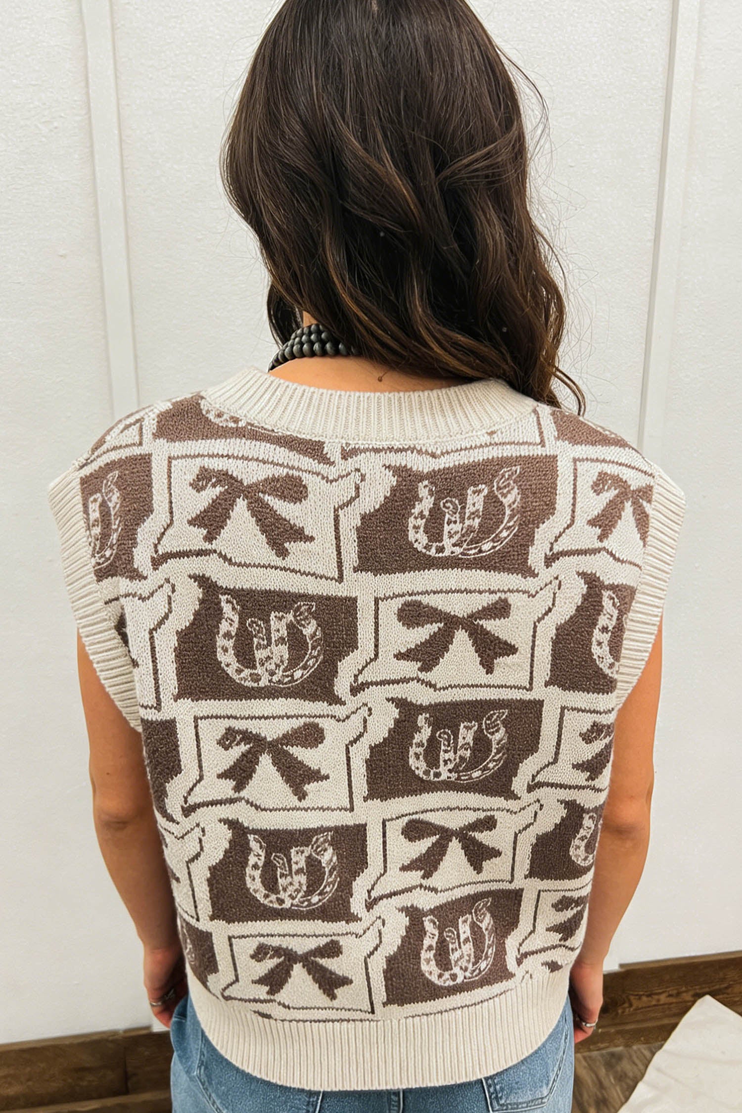 Women's Brown Western Horseshoe Bow Print V Neck Loose Sweater Vest at LivelyLooks